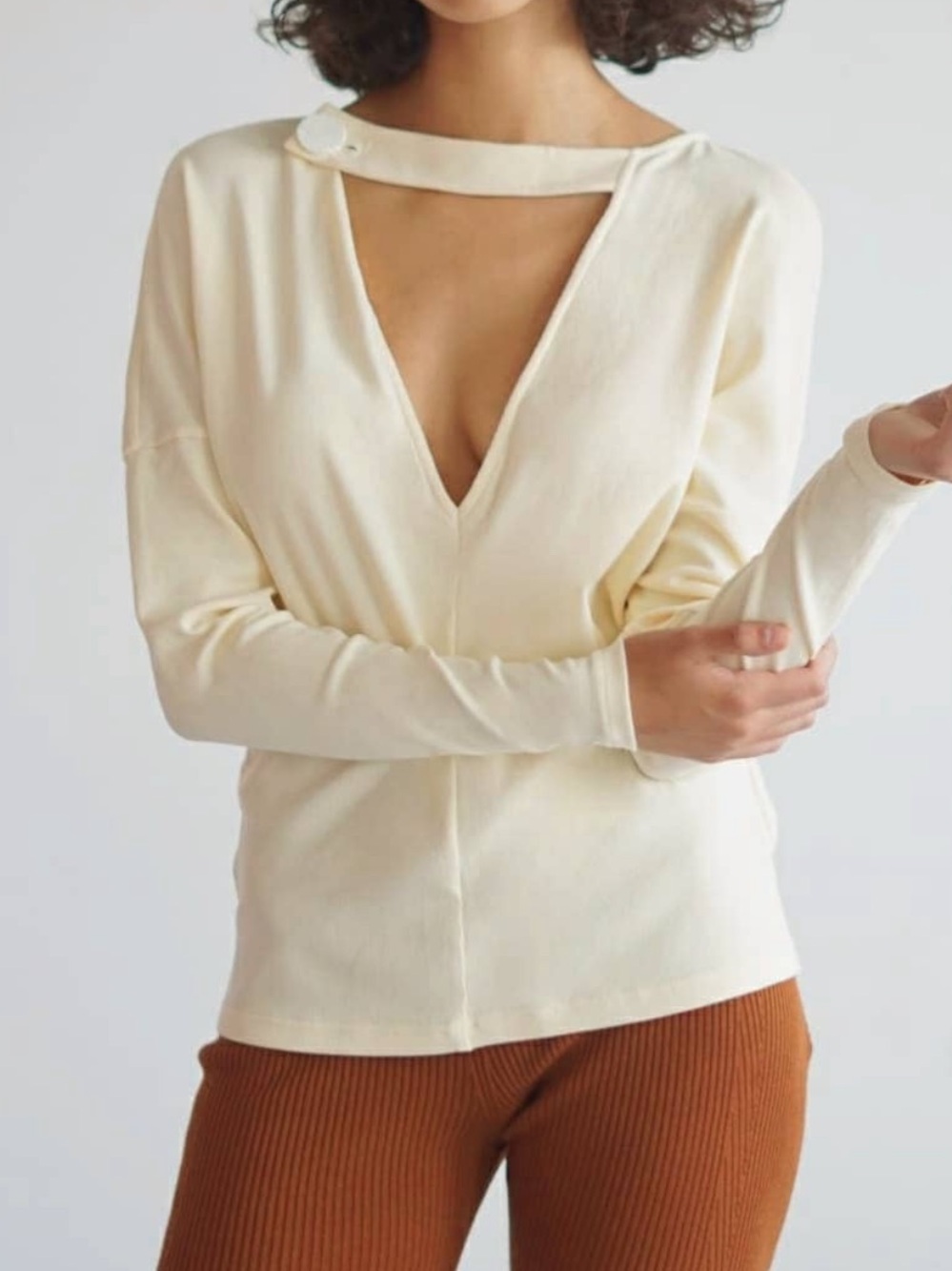 Cotton Cream V-Neck Long Sleeve Top with Button Accent